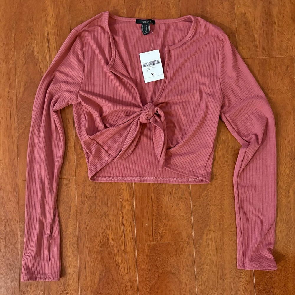 Forever 21 Pink Tie Front Crop Long Sleeve